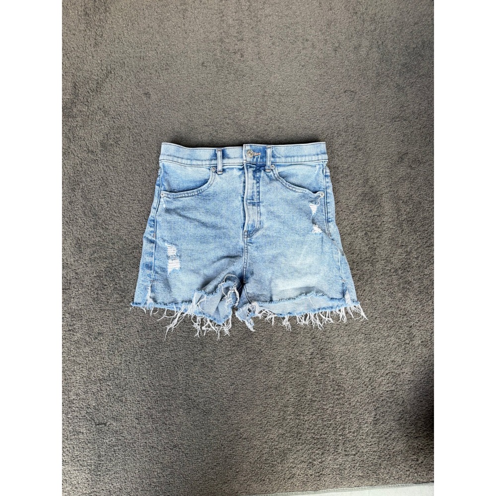 Express Womens High Waisted Distressed Denim Shorts Light Wash Blue Frayed Hem
